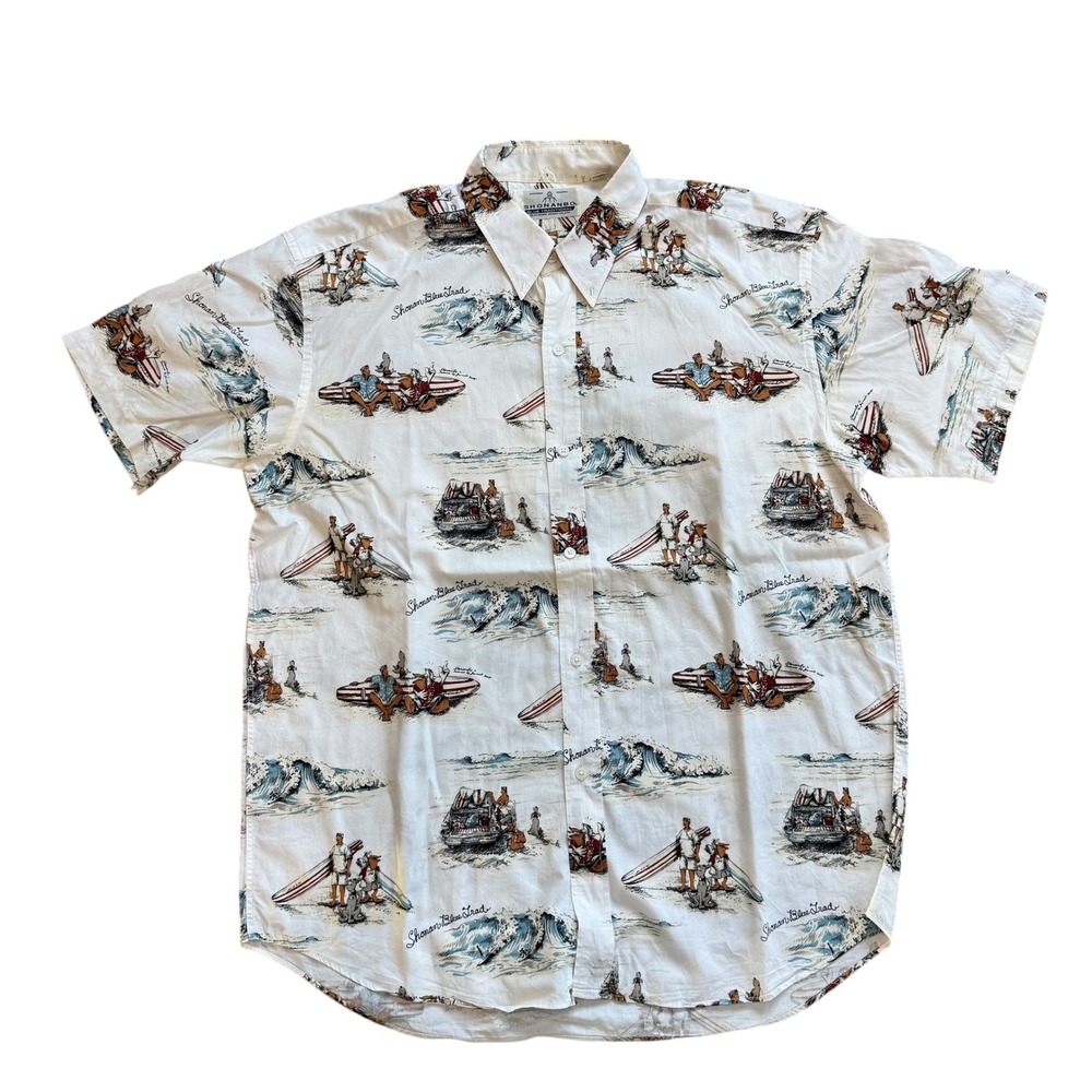 Shonanbo Blue Traditional Joymark Design Surf Print Button Down Shirt Mens XL